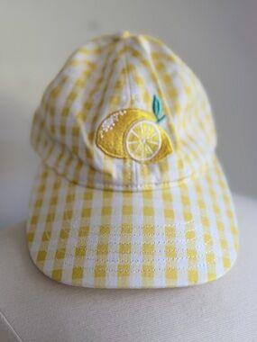 Yellow & White Gingham Baseball Cap with Embroidered Lemon Patch, Adjustable